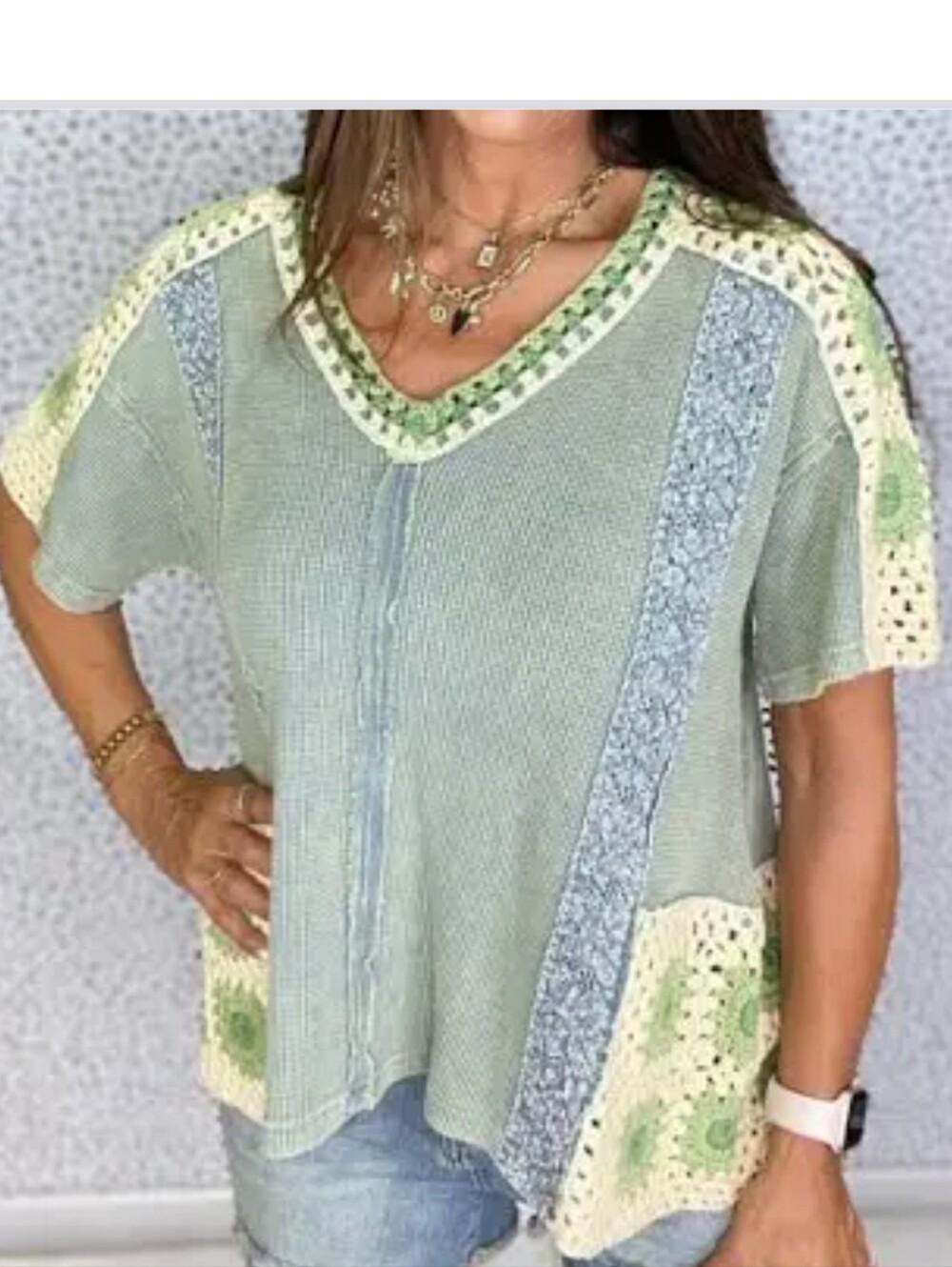 Oli & Hali Sage Waffle Knit Short Sleeve Oversized Top With Crochet Accents Med